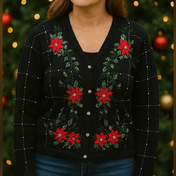 Vintage Christmas Knit Cardigan Sweater Women Whimsical Casual Embellished - Picture 1 of 7